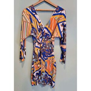 Vibrant Stretch Jersey Knit Scarf Print Belted Faux Wrap Dress Venus Sz S